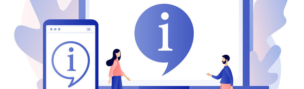 © iStock.com/Marta Sher Info-Symbol in Smartphone-App und Laptop-Website. Informationszentrum online. Kundensupport, nützliche Informationen, Anleitungen, häufig gestellte Fragen. Moderner flacher Cartoon-Stil. Vektorillustration auf weißem Hintergrund