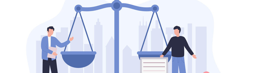 © iStock.com/limeart Begriff Recht, Gerechtigkeit. Juristische Dienstleistung, Dienstleistungen eines Rechtsanwalts, Notars. Männer diskutieren vor dem Hintergrund der Stadt Rechtsfragen, eine Frau arbeitet am Laptop. Flache Vektorillustration auf weißem Hintergrund.